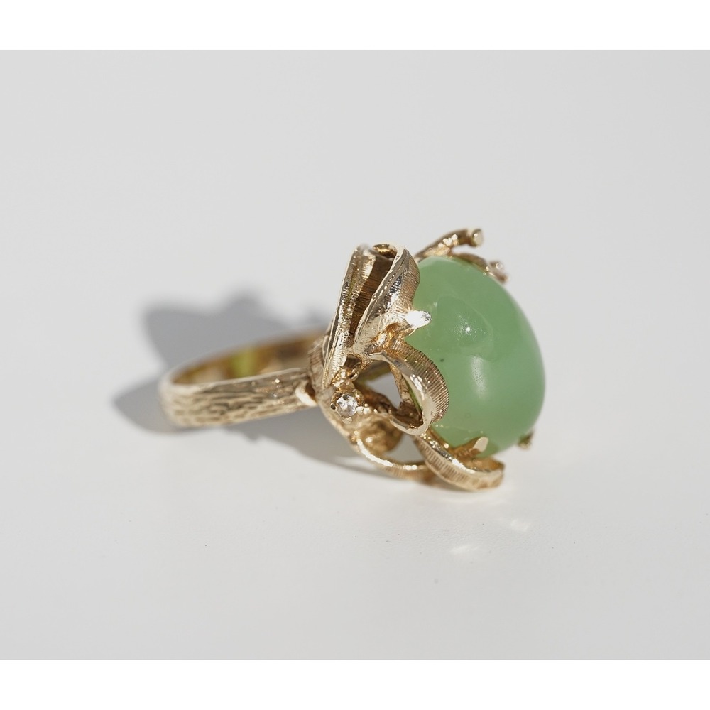 Vintage 10k Solid Gold‎ Natural Untreated Apple Green Jadeite Jade Diamond Ring